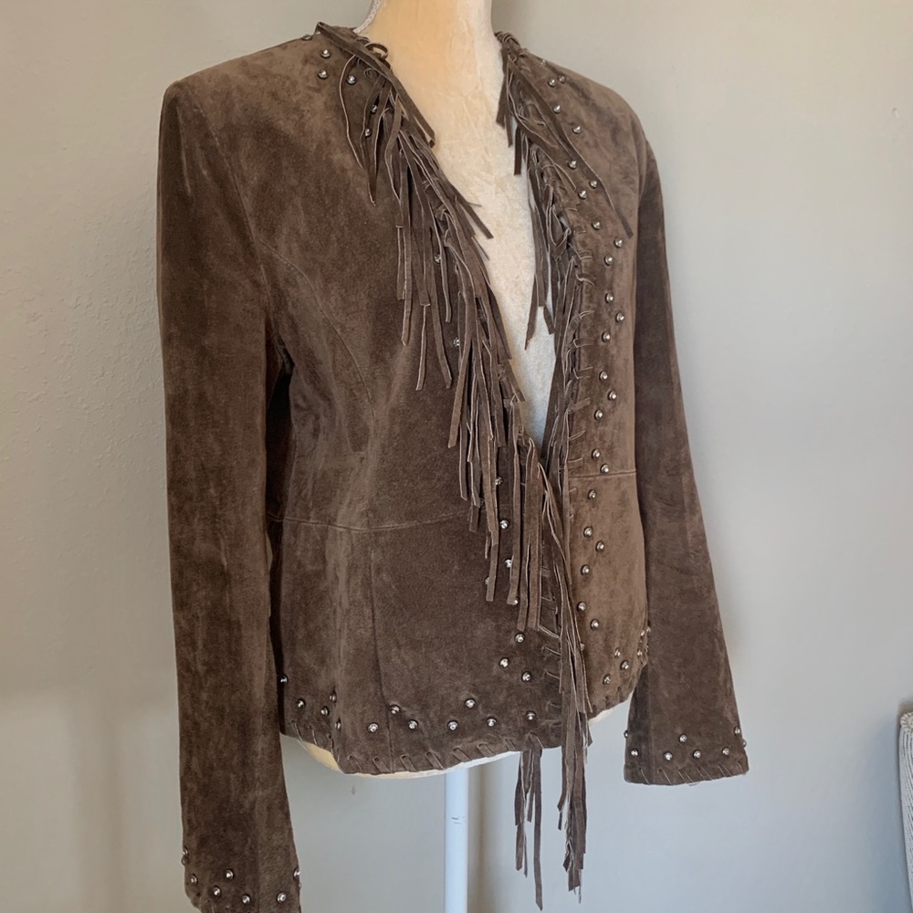 Montanaco Brown Leather Fringe Jeweled Jacket L